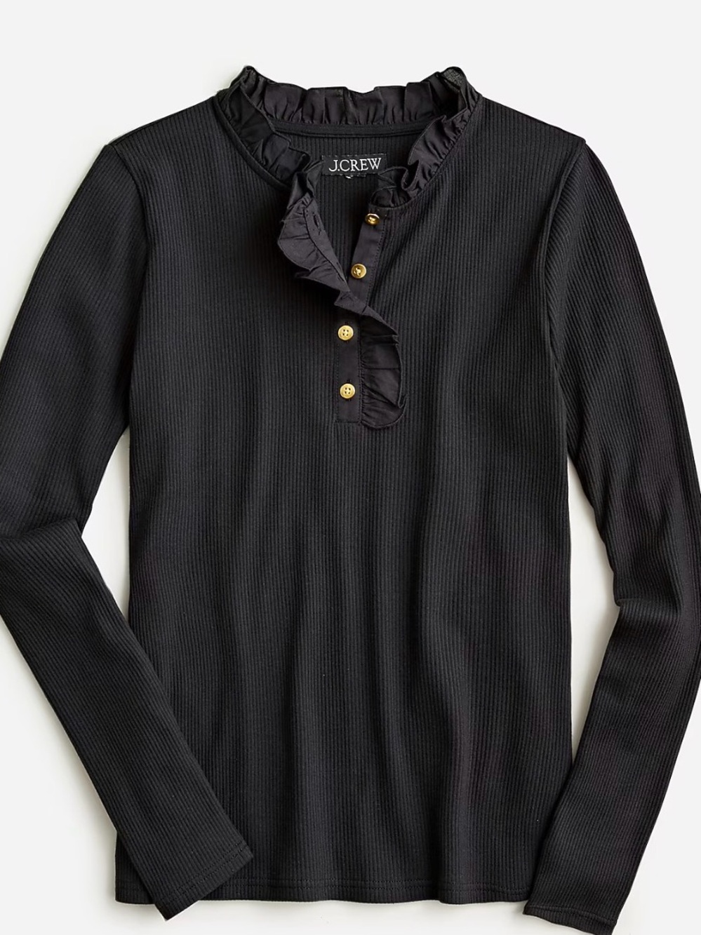J. Crew Ruffle-collar long-sleeve shirt in vintage rib Black Gold Buttons